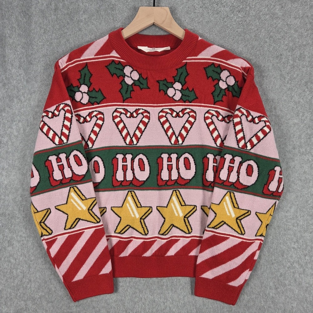 H&M Girls Teen Youth 16/18 Ho Ho Ho Candy Cane Christmas Holiday Sweater